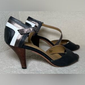 Anthropologie‎ Nina Payne Sosa high heels peep toe ankle strap black white retro